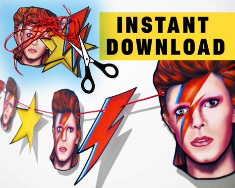 DIY Printable David Bowie bunting PDF FILE | Instant Download David Bowie bunting, Ziggy garland, Bowie decoration, Ziggy Stardust ornament David Bowie Themed Birthday Party, Bowie Birthday, David Bowie Birthday, Music Party Decorations, Andy Warhol Inspired, Star David, Star Diy, Music Party, Ziggy Stardust