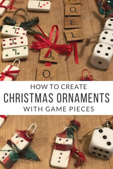 Christmas Ornaments Scrabble Tiles, Domino Ornaments Diy, Dice Ornaments Diy, Game Pieces Repurposed, Board Game Christmas Ornaments, Scrabble Tile Ornaments Christmas Crafts, Diy Bunco Ornaments, Old Domino Crafts, Bunco Christmas Ornaments Diy