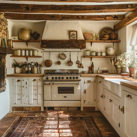 15+ Cottage Style Kitchen Ideas That Wow • 333+ Inspiring Lifestyle Ideas Cottage Kitchen Refrigerator, Cottage Themed Kitchen, Victoria Kitchen Ideas, Built In Shelving Kitchen, Cottage Kitchen Wood Cabinets, Tiny Cottage Kitchens Small Spaces, Italian Cottage Kitchen, Small Cottage Kitchen Ideas Layout, Cottage Core Aesthetic Kitchen