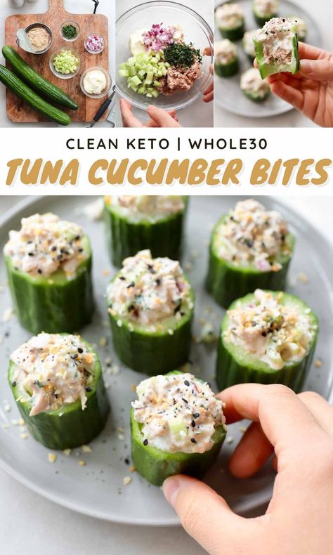 These tuna cucumber bites are the perfect quick and easy lunch! Every bite is packed with healthy protein, fiber, fat, and vitamins. They're Whole30 compatible and great for Keto/Low Carb way of eating, and you don't even need a fork. Make up a batch today! Tuna With Cucumber, Meal Prep With Cucumbers, Meal Prep Charcuterie, Cucumber Tuna Bites, Recipes With Mini Cucumbers, Small Healthy Lunches, Cucumber Lunch Ideas, South African Salad Recipes, Cucumber Tuna