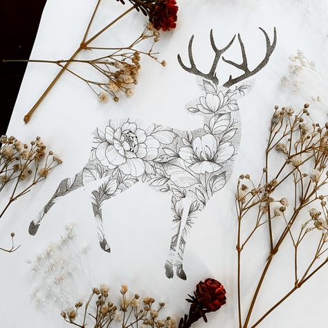 Deer Skull Floral Tattoo, Deer With Flowers Tattoo, Feminine Deer Tattoo, Fine Line Deer Tattoo, Elk Tattoo Feminine, Antler And Flower Tattoo, Deer Tattoos For Women Beautiful, Stag Tattoo Feminine, Deer Flower Tattoo