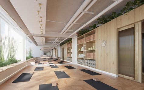 Yoga Studio Interior on Behance Cubicle Style, Yoga Studio Interior, Cozy Cubicle, Yoga Room Design, Yoga Area, Yoga Garden, Hot Yoga Studio, Studio Dance, Wellness Space