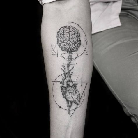 Anatomical Heart & Brain Tattoo Designs Anatomical Tattoos, Family First Tattoo, Anatomy Tattoo, Science Tattoos, Brain Tattoo, Anatomical Heart Tattoo, Heart Brain, Muster Tattoos, Inspiration Tattoos