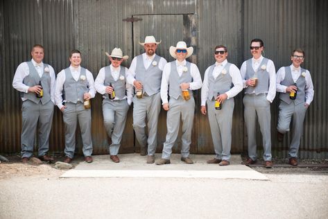 Cowboy groomsmen Mexican Groomsmen, Cowboy Groomsmen, Cowboy Boots Dress, Cowboy Groom, Grey Tux, Mexican Inspired Wedding, Dresses With Cowboy Boots, Boots Dress, Outside Wedding