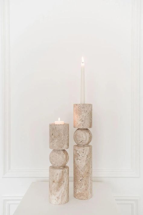 A perfect blend of style and practicality designed for those who love to host gatherings and adorn their living spaces. These substantial solid stone candle holders, measuring 12" and 15" in height, add an elegant touch to your home. Crafted from high-quality travertine stone, these holders feature a lovely ivory hue t Minimal Moodboard, Stone Candle Holder, Deco Zen, Stone Candles, Taper Candle Holder, Candle Carving, Travertine Stone, Home Decor Wedding, Candle Holder Set