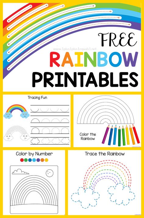 Free Rainbow Printable Pack for Kids! Have fun exploring colors with this free set centered around rainbows. Tracing, coloring, connect the dots, color by number and more! #1plus1plus1 #homeschool #homeschooling #freeprintablesforkids #kidsactivities #kidsprintables  #earlychildhood #preschoolactivities #homeschoolpreschool #kindergartenworksheets Rainbow Tracing Preschool, Rainbow Tracing Worksheet, Rainbow Worksheet Preschool Free Printables, Rainbow Worksheet Free Printable, Rainbow Numbers Free Printable, Rainbow Activities Preschool Printables, Rainbow Lesson Plans Preschool, Rainbow Activities Preschool, Rainbow Worksheet