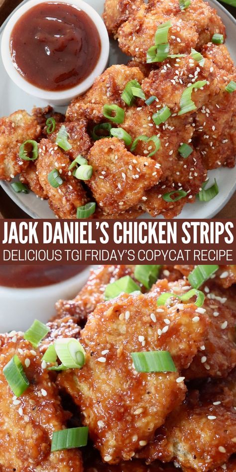 These Jack Daniels Chicken Strips are a delicious copycat recipe from TGI Fridays! They're made with panko sesame crusted chicken strips, tossed in a mouthwatering whiskey bbq glaze. For this recipe, you can cook the chicken in an air fryer, pan fry it on the stove or bake it in the oven. Once it's perfectly crispy, toss it in the signature whiskey glaze for an incredibly flavorful appetizer or party dish! Grilled Chicken Strips Recipes, Jack Daniels Chicken, Chicken In An Air Fryer, Chicken Breast Marinade Recipes, Chicken Strips Recipe, Glazed Chicken Breast, Whiskey Glaze, Air Fryer Pan, Grilled Chicken Strips