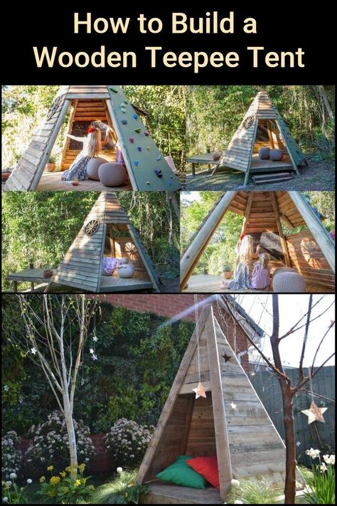 What kid wouldn't want to have their own playhouse? If you're looking for something a bit different for your little ones, why not build them a wooden teepee playhouse! Pallet Playground, Teepee Outdoor, Wooden Teepee, Backyard Water Fountains, Diy Kids Playground, Diy Teepee, Shed Tiny House, Kids Teepee Tent, Teepee Kids