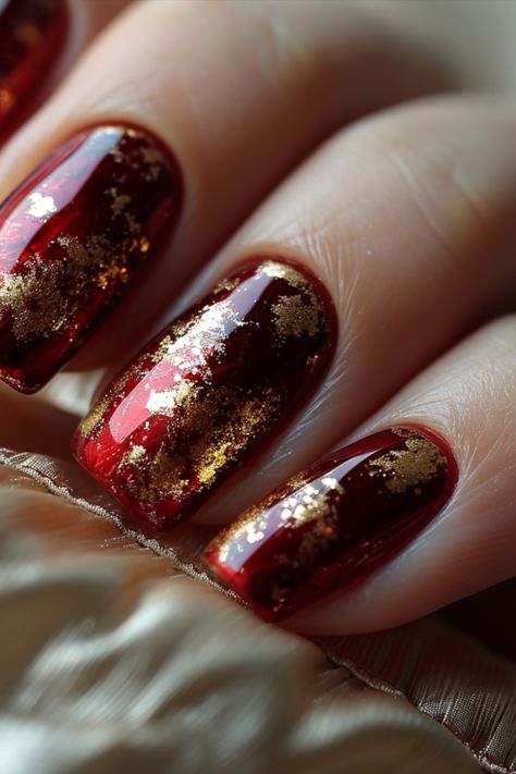 Red Chrome Nails Vintage Red Manicure, Deep Red And Gold Nails, Red Nails Gold Foil, Red Foil Nails Designs, Red Nail Designs Prom Short, Nails Red And Gold, Elegant Red Nails, Chic Nail Designs Classy, Red And Gold Nail Designs