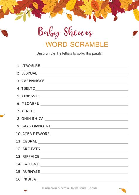 Download free printable fall baby word scramble. Simply download and print. #fallbabyshower #autumnbabyshower #babyscrambles Baby Shower Games Fall Theme, Fall Baby Shower Games Free Printable, Baby Shower Word Scramble Printable Free, Pumpkin Themed Baby Shower Games, Fall Themed Baby Shower Games, Free Baby Shower Games Printables, Fall Baby Shower Games, Baby Word Scramble Answers, Fall Baby Shower Ideas