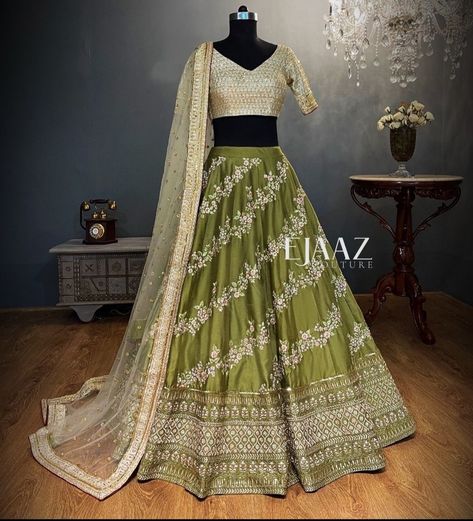 Ejaaz Couture, Embroidered Lehenga, Floral Print Blouses, London Uk, Traditional Design, Wedding Inspo, Lehenga, Olive Green, Desi