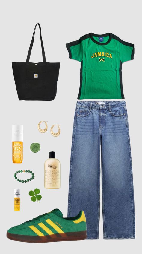 Outfit inspo #outfitinspo #vintage #beauty #vibes #outfit #yellow #green #jamaica #baggyjeans #adidas Yellow Gazelle, Green And Yellow Outfit, Green Gazelle, Outfit Yellow, Vibes Outfit, Beauty Vibes, Yellow Outfit, Sweet 16 Dresses, Streetwear Fashion Women