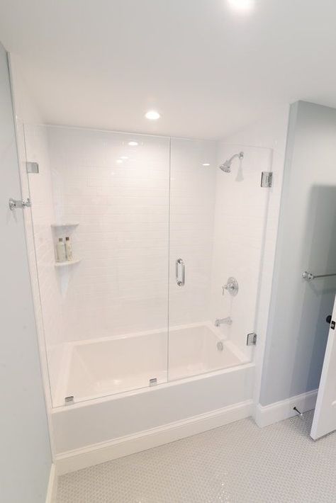 Tub With Glass Door, Shower Bath Combo, Bathroom Tub Shower Combo, Bathtub Shower Combo, Shower Combo, Guest Bathroom Remodel, Bathroom Tub Shower, Solid Wall, Glass Shower Door