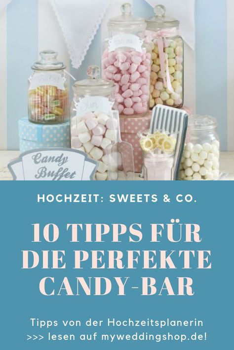 Candy Bar Hochzeit Ideen von der Hochzeitsplanerin: 10 Tipps für die perfekte Candy Bar auf deiner Hochzeit! >>> alle Tipps von Hochzeitsplanerin Judith Ihl-Lange lesen auf myweddingshop.de #candybarhochzeit #candybarideen #hochzeitplanen | Candy Bar Hochzeit Deko | Candy Bar Zubehör Candy Bar Wedding, Wedding Cake Recipe, Romantic Wedding Cake, Vintage Champagne, Diy Bar, Pumpkin Spice Cupcakes, Wedding Top, Christmas Cocktails Recipes, Wedding Bar