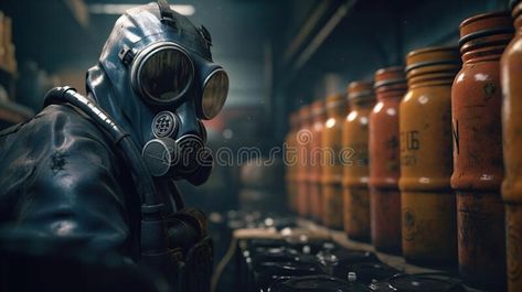 Professional chemical worker in protection suit and gas mask handling dangerous material inside chemicals production plant., stock photography Chemical Mask, Chemical Substances, Gas Mask, Image Illustration, Chemicals, Stock Photography, Stock Illustration, Mask, Plants