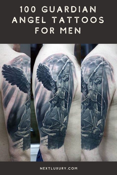 Personify your eternal protection with a prestigious guardian angel tattoo. Christian icons like these instill the epitome of salvation by permanently engraving a connection with spirituality. #nextluxury #tattooideas #tattoodesigns Gaurdian Angel Tattoo, Angel Tattoos For Men, Guardian Angel Tattoos, Guardian Tattoo, Angel Sleeve Tattoo, Guardian Angel Tattoo Designs, Tattoo Christian, Angle Tattoo, Best Tattoo Ideas For Men