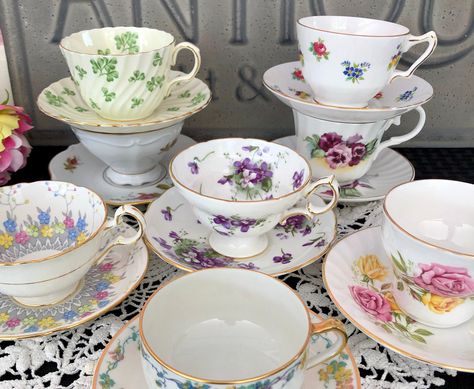 Vintage Tea Cups, Tea Cup Party, Mismatched China, Tea Party Favors, Breakfast Party, Tea Cups And Saucers, Bridal Luncheon, Bridal Tea, Tea Party Garden