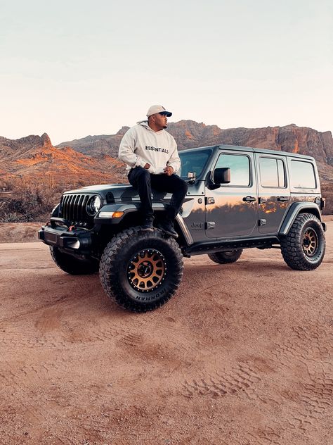 Fear of God Hoodie, Jeep Wrangler Jeep Wrangler Outfits, Jeep Photoshoot, Men Street Outfit, 2024 Photoshoot, Male Photoshoot, Streetwear Photoshoot, Truck Photo, Black Jeep, Street Outfits