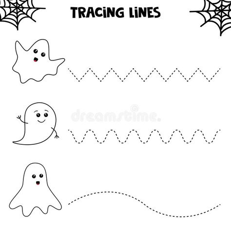 Educational worksheet for kids. Halloween games, tracing lines with ghosts. Handwriting practice. Educational worksheet for kids. Halloween games, tracing lines stock illustration Letter Worksheets For Preschool, Tracing Lines, Cars Coloring, Rainbow Cartoon, Halloween Arts, Thema Halloween, Preschool Tracing, Preschool Fall, Tracing Worksheets Preschool