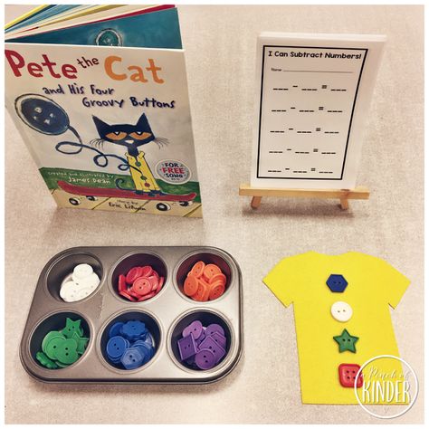 Pete The Cat Math Preschool, Pete The Cat Subtraction, Pete The Cat Groovy Buttons Craft, Ecse Activities, Pete The Cat Buttons, Cat Activities, Subtraction Centers, Math Sort, Number Sense Kindergarten