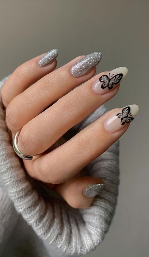 Sparkly Nail Designs, Nail Shapes Squoval, Birthday Nail Designs, Butterfly Nail Designs, New Years Eve Nails, Silver Glitter Nails, Confetti Nails, Spring Acrylic Nails, Butterfly Nail Art