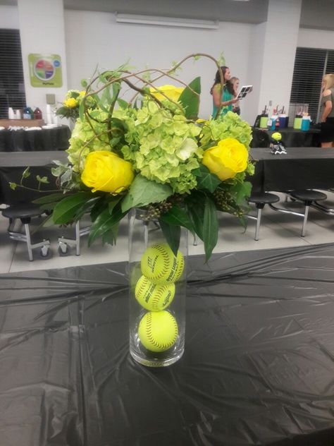 Had these made for our softball banquet. Softball Banquet Ideas, Sports Banquet Decorations, Softball Party Decorations, Softball Decor, Softball Banquet, Tennis Decorations, Softball Birthday Parties, Softball Decorations, Tennis Party Decorations