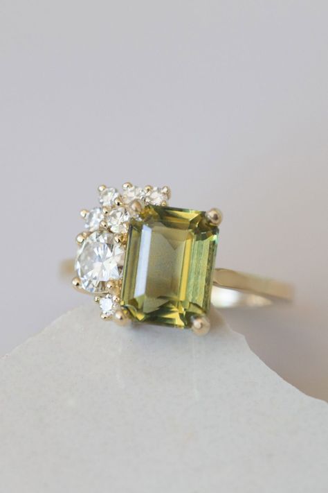 Green Gemstone Wedding Ring, Green And Diamond Engagement Ring, 3 Gem Engagement Ring, Eclectic Engagement Ring, Green Gem Engagement Ring, Green Sapphire Wedding Ring, Cluster Emerald Ring, Emerald Cluster Ring, Emerald Green Engagement Ring