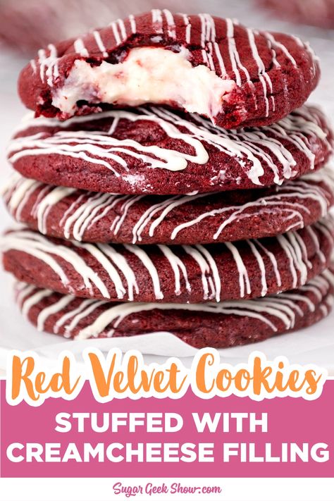 These moist and chewy red velvet cookies are stuffed with a light and fluffy cream cheese filling and are very similar to my chewy double chocolate chip cookies but with the flavor and texture of my authentic red velvet cake! Super easy to make and even easier to eat or gift during the Holidays. Red Velvet Sandwich Cookies, Red Velvet Cookie Recipe, Cookies With Cream Cheese Frosting, Holiday Candy Recipes, Cookies With Cream Cheese, Cookies Stuffed, Velvet Cookies, Cookies From Scratch, Make Cream Cheese