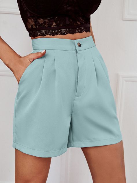 Mint Shorts Outfit, Green Shorts Outfit, Short Social, Mint Shorts, Short Pants Outfit, Cheap Fashion Outfits, Formal Shorts, Elegant Pant, Wide Leg Shorts