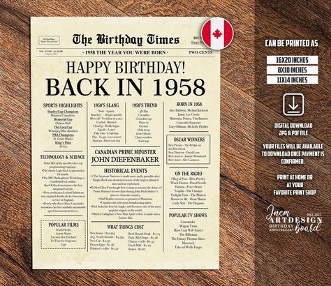 7.70 USD It's almost hard to imagine what life was like 65 years ago back in 1958! But it's even harder to imagine that Canadian pop news, fun facts and Canadians were already being reported in the newspaper. To celebrate its 65th birthday, let's take a look back at what the newspaper was like back then and appreciate all the progress we've made since then! From interesting facts about Canada to singing your favorite songs from 1958, join us as we explore the world of Canadian news from years… Fun Facts About Canada, Facts About Canada, Emmanuelle Vaugier, Birthday Newspaper, John Depp, Ben Johnson, Posters Uk, Denis Villeneuve, Sports Highlights