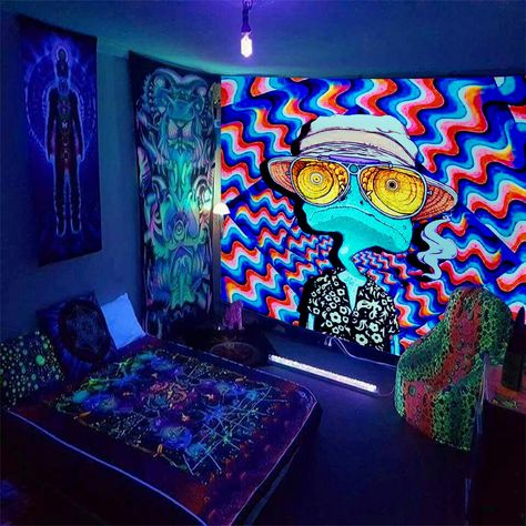 PRICES MAY VARY. Brighten Up Your Space: ADDWel blacklight tapestry adds a vibrant and glowing touch to any room. ADDWel tapestry is printed with a UV-reactive ink that creates a neon-like effect under blacklight. Perfect for parties, raves, and other events that require a fun and unique atmosphere High-Quality Material: Made from 100% polyester, ADDWel tapestry is durable, lightweight, and easy to clean. It can be washed and ironed at low temperatures without losing its colors. The fabric is al Neon Room Painting, Trippy Rooms Aesthetic, Blacklight Bedroom, Trippy Apartment, Frog Tapestry, Living Room Backdrop, Yoga Meditation Space, Room Backdrop, Blacklight Tapestry