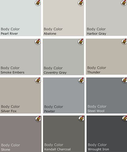 Recommended palette of grey Benjamin Moore Paints from interview on Design Crisis Pantone Azul, Kendall Charcoal, Benjamin Moore Gray, Revere Pewter, Pearl River, Benjamin Moore Paint, Nice Colors, Shades Of Gray, Steel Wool