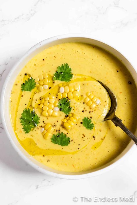 This beautiful sweet corn gazpacho is made with fresh, sweet summer corn. It’s a chilled, creamy soup that is 100% dairy-free and so perfect on a hot day. You are going to love it! #theendlessmeal #corn #summer #gazpacho #soup #summersoup #veggies #summerveggies #produce #healthy #nocookrecipes #cornrecipes #gazpachorecipes #souprecipes #glutenfree #vegan #veganrecipes #refinedsugarfree #sugarfree Paleo Cauliflower Soup, Corn Gazpacho, Summer Gazpacho, Corn Stock, Summer Soup Recipes, Cold Soup Recipes, Curried Cauliflower Soup, Gazpacho Soup, Cream Of Asparagus Soup