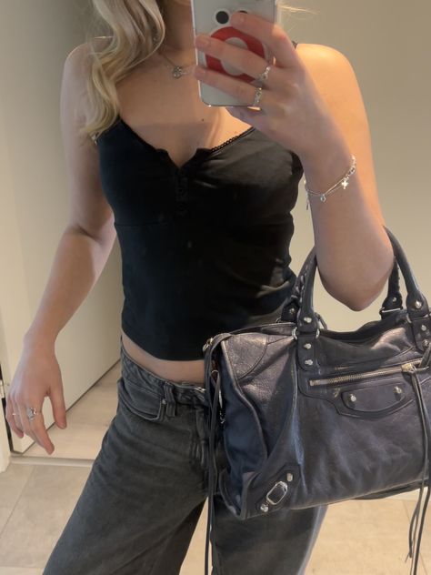 Balenciaga city bag navy blue💙 - Brandy Melville top, outfit inspo, OOTD, silver jewellery, ÖHouse Brandy Melville Top, Top Outfit, City Bag, Balenciaga City Bag, Silver Jewellery, Brandy Melville, Brandy, Balenciaga, Silver Jewelry