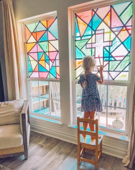 DIY Faux Stained Glass Window Tutorial - Life By Leanna Diy Faux Stained Glass Window, Faux Stained Glass Window, Plexiglass Window, Painting On Glass Windows, Diy Stained Glass Window, Stain Glass Window Art, Fake Window, Keep Kids Busy, Diy Staining