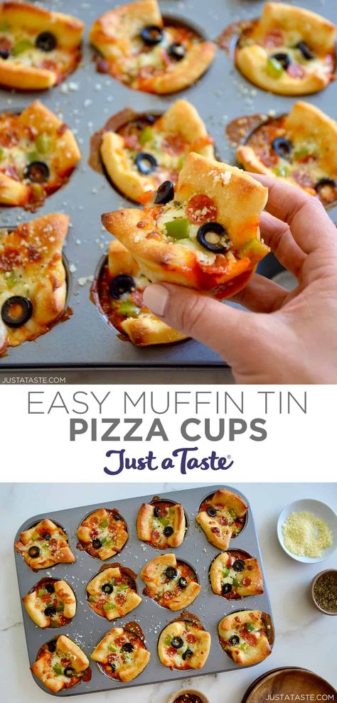 These Muffin Tin Pizza Cups are perfect as after-school snacks, easy appetizers or gameday eats. Best of all, these bite-sized snacks can be customized with your favorite pizza toppings. #justatasterecipes Muffin Pan Pizza Bites, Pizza Cups Muffin Tins, Muffin Tin Pizza, Muffin Pan Pizza, Muffin Cups Recipes, Pizza Cups, Food Garnish, Cheesy Pizza, Snacks Easy