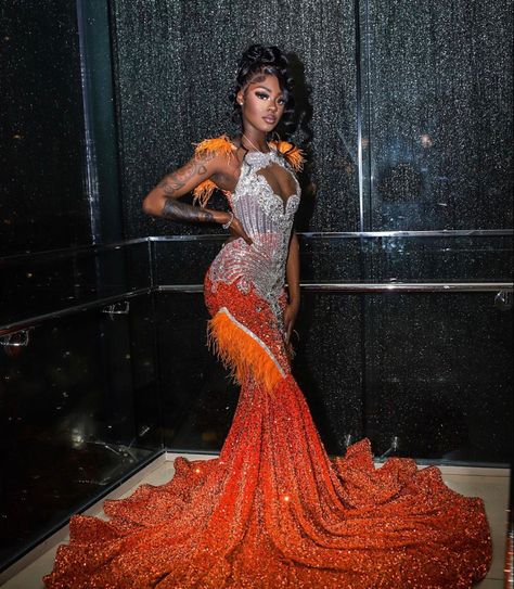 Feather Birthday Party, Luxury Birthday Dress, Exotic Prom Dresses, Orange Mermaid Prom Dress, Orange Mermaid, Elegant Evening Gown, Orange Prom Dresses, Silver Prom Dress, Prom Dress With Train