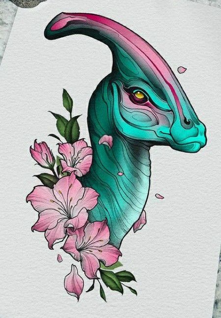 Neo Traditional Dinosaur Tattoo, Parasaurolophus Drawing, Parasaurolophus Tattoo, Parasaurolophus Art, Tattoo Dino, Animal With Flowers, David Yost, Dino Tattoo, Dinosaur Tattoo