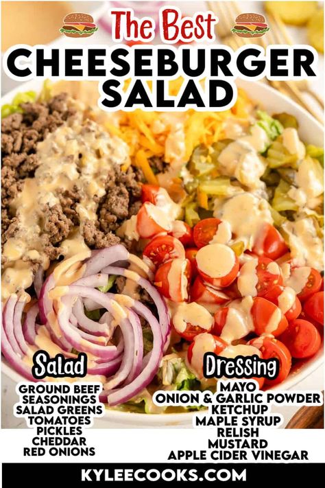 Cheeseburger Salad: All the flavors of a cheeseburger in a fresh, healthier salad! 🍔🥗 Perfect for meal prep, quick lunches, or a satisfying dinner. Pin this recipe and enjoy a new favorite! Cheeseburger Salad Bowl, Cheese Burger Salad, Cheeseburger Salad Recipe, Canned Veggies, Cheeseburger Salad, Indulgent Recipes, Bun Easy, Classic Burger, Filling Dinner