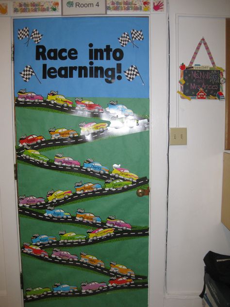 Race into learning door for beginning of the school year! Cars Classroom Theme, Race Bulletin Board Ideas, Race Theme Classroom, Car Bulletin Board, Race Track Bulletin Board Ideas, Racecar Bulletin Board Ideas, Race Car Bulletin Board Ideas, Race Car Bulletin Board, Race Car Classroom Theme