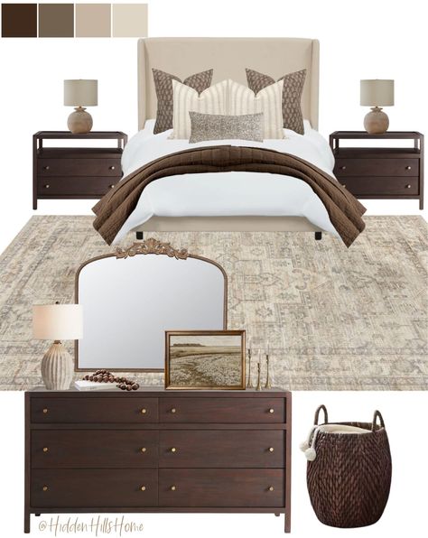 Cholet Upholstered Bed curated on LTK Old Money Master Bedrooms Decor, Room Inspo Brown Furniture, Master King Bedroom Sets, Bedroom Ideas Upholstered Bed, Master Bedrooms Decor Traditional, Brown And Neutral Bedroom, Bedroom Decor Mood Board, Dark Wood Bedroom Decor Ideas, Master Bedrooms Beds & Frames