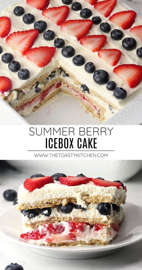 Summer berry icebox cake recipe by The Toasty Kitchen. Summer berry icebox cake is the perfect summer treat for your next picnic or 4th of July celebration. This no-bake dessert is made with layers of cream cheese mousse, graham crackers, and fresh summer berries. #iceboxcake #summericeboxcake #summerberrycake #summer #dessert #nobake #fourthofjuly #july4th Summer Berry Icebox Cake, Berry Icebox Cake, No Bake Summer Desserts, No Bake Banana Pudding, Sweet Whipped Cream, Icebox Cake Recipes, Berry Dessert, 4th Of July Desserts, Icebox Cake