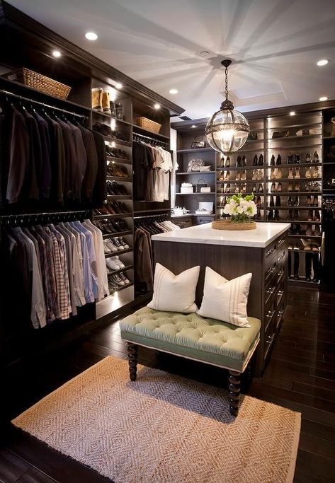 Custom Walk In Closet with Dark Stained Built Ins - Transitional - Closet Master Closet Layout, Small Closet Organization Bedroom, Ideas Closet, Bedroom Closet Storage, Closet Built Ins, Walking Closet, Dream Closet Design, Closet Design Layout, Walk In Closet Design