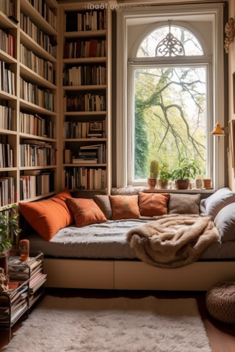 Bedroom with tranquil and cosy aesthetics. Library With Sofa Bed, Cozy Office With Daybed, Library With Daybed, Day Bed Library, Library In Master Room, Daybed Bookshelf, Library With Bed, Library With Couch, Library Daybed