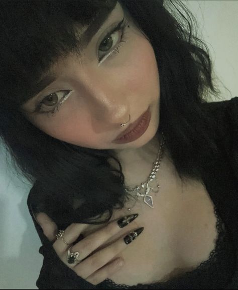 @ninistic on Instagram 
Pretty girl black aesthetic goth scene grunge emo e-girl egirl pfp manicure black nails Gothic whimsigoth Bob hairstyle hair idea inspiration jewelry silver necklace rings gemstone pearls septum piercing piercings makeup green Goth Egirl Makeup, Girl Black Aesthetic, Egirl Nails, Egirl Looks, Black And Green Hair, Nails Gothic, Egirl Pfp, Egirl Makeup, Alt Makeup