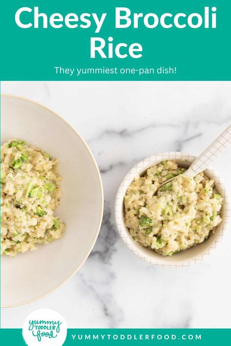 Cheesy Broccoli Rice Cheesy Rice Broccoli, Broccoli Cheese Rice, Easy Toddler Lunches, Cheesy Broccoli Rice, Vegetarian Meals For Kids, Easy Toddler Meals, Baby Puree Recipes, Vegetarian Cookbook, Broccoli Rice