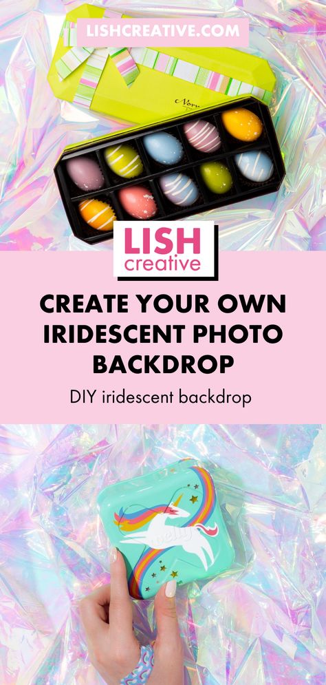 Looking to make your own iridescent backdrop for social media flat lays, product photography backdrops or any other photo content? LISH Creative shows where to buy iridescent cellophane and create this affordable photo background. Iridescent Backdrop, Iridescent Cellophane, Product Photography Backdrops, Photography Styling Product, Diy Photo Backdrop, Photo Gear, Flat Lays, Diy Backdrop, Types Of Lighting