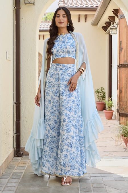 Buy Blue Crepe And Chinon Print Floral Round Neck Zeeba Cape & Palazzo Set For Women by Palak & Mehak Online at Aza Fashions. 3 Piece Sets For Women, Two Piece Outfits Traditional, 3 Piece Dress For Women Indian, Crop Top And Pants Outfit, Diwali Fits, Shaadi Dresses, Indian Outfits Modern, Cheap Outfits, Mirror Photography