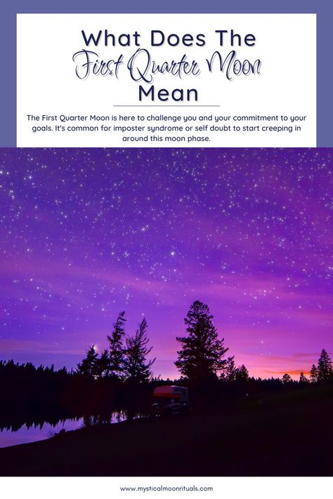 What Does The First Quarter Moon Mean.  The First Quarter Moon is here to challenge you and your commitment to your goals.  It's common for imposter syndrome or self doubt to start creeping in around this moon phase. 1st Quarter Moon Ritual, First Quarter Moon Ritual, Quarter Moon Ritual, Moon Phases Meaning, Ostara Ritual, First Quarter Moon, Spells And Rituals, Moon Meaning, Holly Hobby