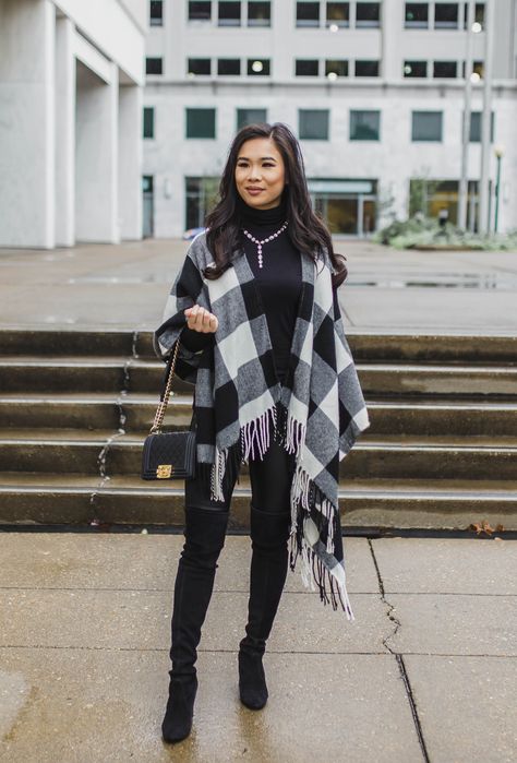 Buffalo check poncho with over the knee boots Plaid Shawl Outfit, White Poncho Outfit, Burberry Cape, Poncho Fashion, Shawl Outfit, Poncho Outfit, White Poncho, Winter Layers, Scarf Outfit